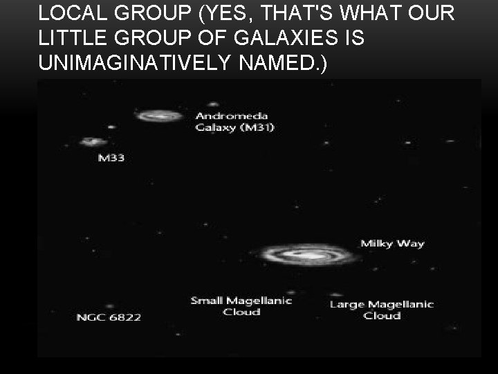 LOCAL GROUP (YES, THAT'S WHAT OUR LITTLE GROUP OF GALAXIES IS UNIMAGINATIVELY NAMED. )