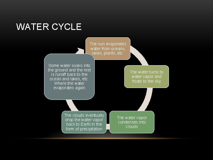 WATER CYCLE The sun evaporates water from oceans, lakes, plants, etc. Some water soaks