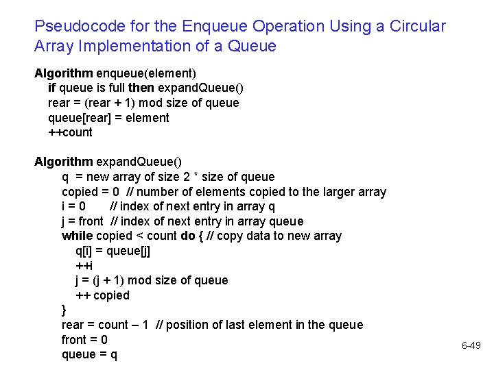Pseudocode for the Enqueue Operation Using a Circular Array Implementation of a Queue Algorithm