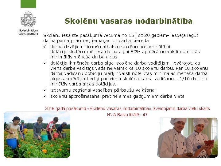 Skolēnu vasaras nodarbinātība Skolēnu iesaiste pasākumā vecumā no 15 līdz 20 gadiem- iespēja iegūt