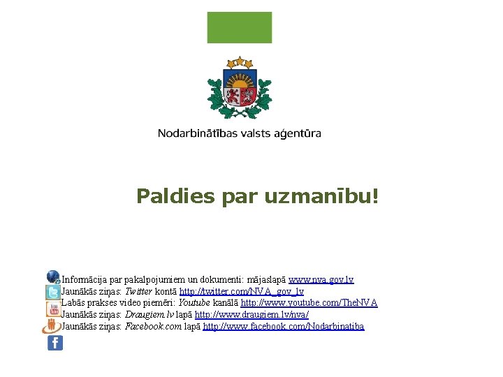 Paldies par uzmanību! Informācija par pakalpojumiem un dokumenti: mājaslapā www. nva. gov. lv Jaunākās