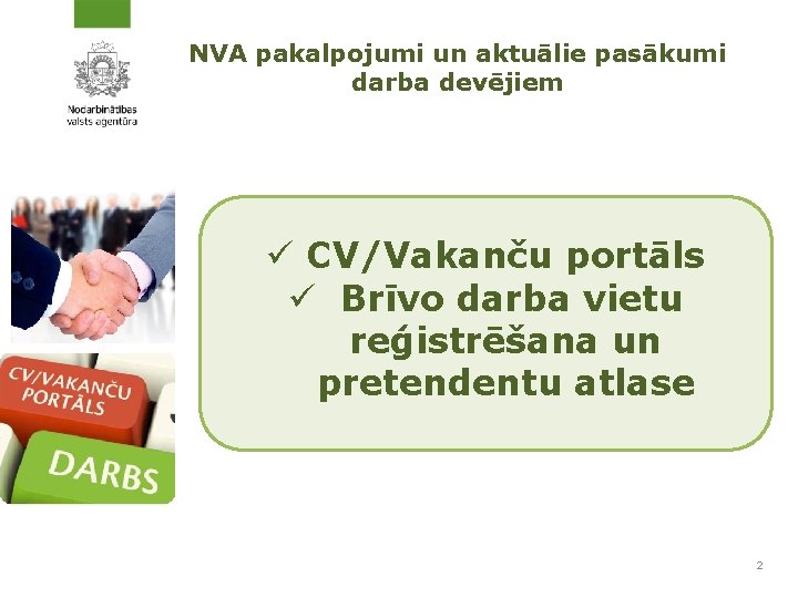 NVA pakalpojumi un aktuālie pasākumi darba devējiem ü CV/Vakanču portāls ü Brīvo darba vietu
