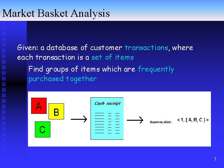 Market Basket Analysis Given: a database of customer transactions, where each transaction is a