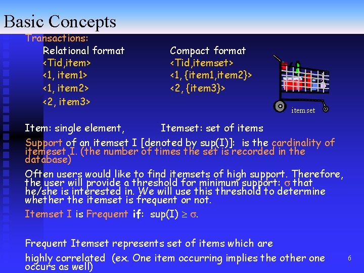 Basic Concepts Transactions: Relational format <Tid, item> <1, item 1> <1, item 2> <2,