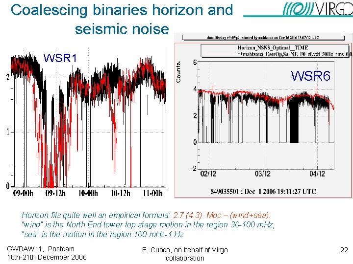 Coalescing binaries horizon and seismic noise WSR 1 WSR 6 Horizon fits quite well Coalescing binaries horizon and seismic noise WSR 1 WSR 6 Horizon fits quite well