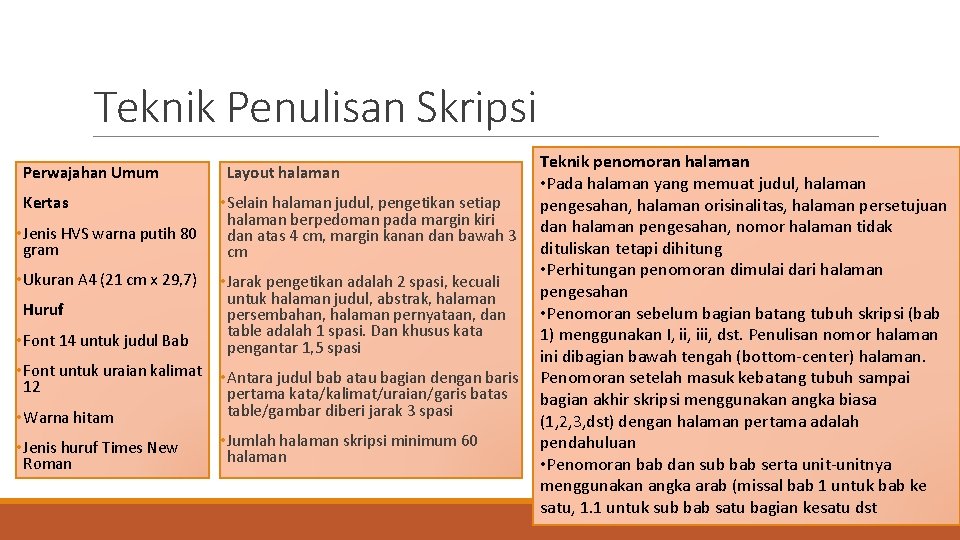 Teknik Penulisan Skripsi Perwajahan Umum Kertas • Jenis HVS warna putih 80 gram •