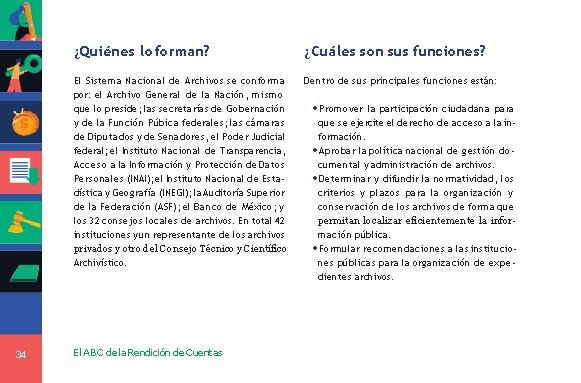 34 ¿Quiénes lo forman? ¿Cuáles son sus funciones? El Sistema Nacional de Archivos se