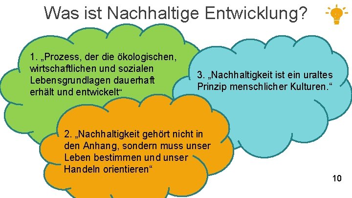 Was ist Nachhaltige Entwicklung? 1. „Prozess, der die ökologischen, wirtschaftlichen und sozialen 3. „Nachhaltigkeit