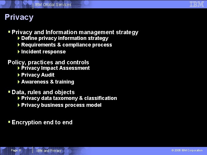 IBM Global Services Privacy § Privacy and Information management strategy 4 Define privacy information