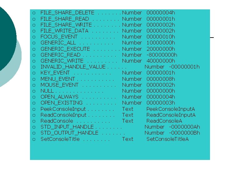 ¡ ¡ ¡ ¡ ¡ ¡ FILE_SHARE_DELETE. . . . Number FILE_SHARE_READ. . . ¡ ¡ ¡ ¡ ¡ ¡ FILE_SHARE_DELETE. . . . Number FILE_SHARE_READ. . .
