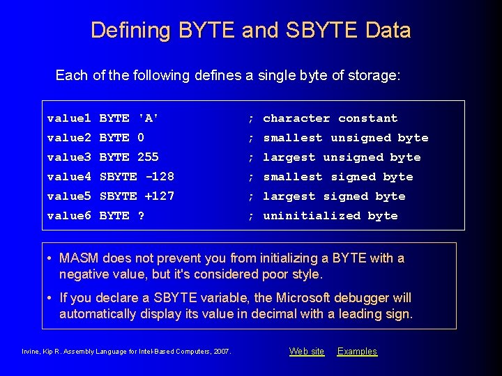 Defining BYTE and SBYTE Data Each of the following defines a single byte of Defining BYTE and SBYTE Data Each of the following defines a single byte of