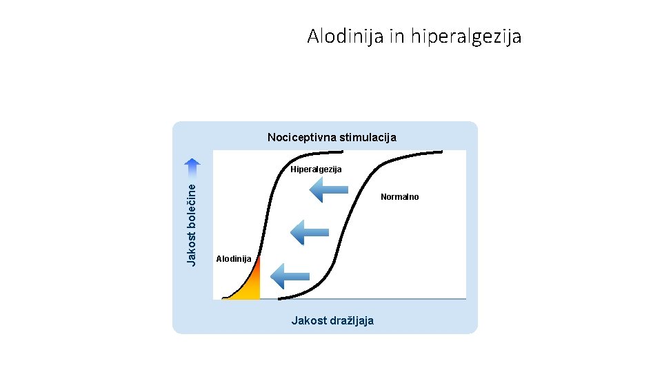 Alodinija in hiperalgezija Nociceptivna stimulacija Jakost bolečine Hiperalgezija Normalno Alodinija Jakost dražljaja 