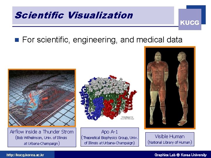 Scientific Visualization n KUCG For scientific, engineering, and medical data Airflow inside a Thunder