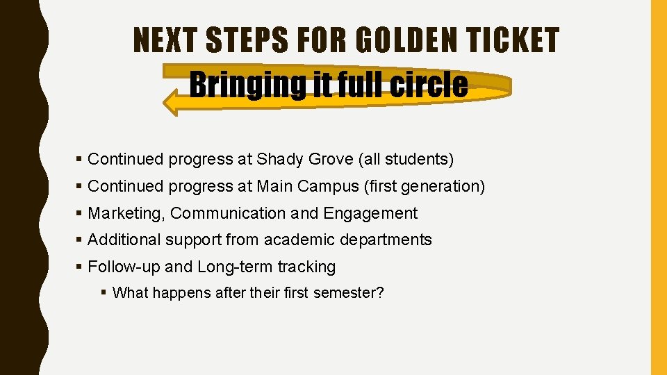 NEXT STEPS FOR GOLDEN TICKET Bringing it full circle § Continued progress at Shady