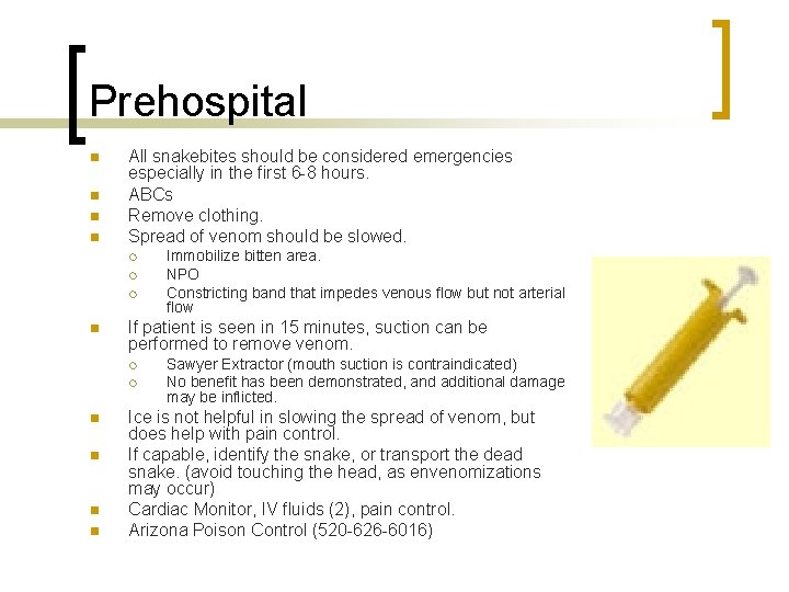 Prehospital n n All snakebites should be considered emergencies especially in the first 6