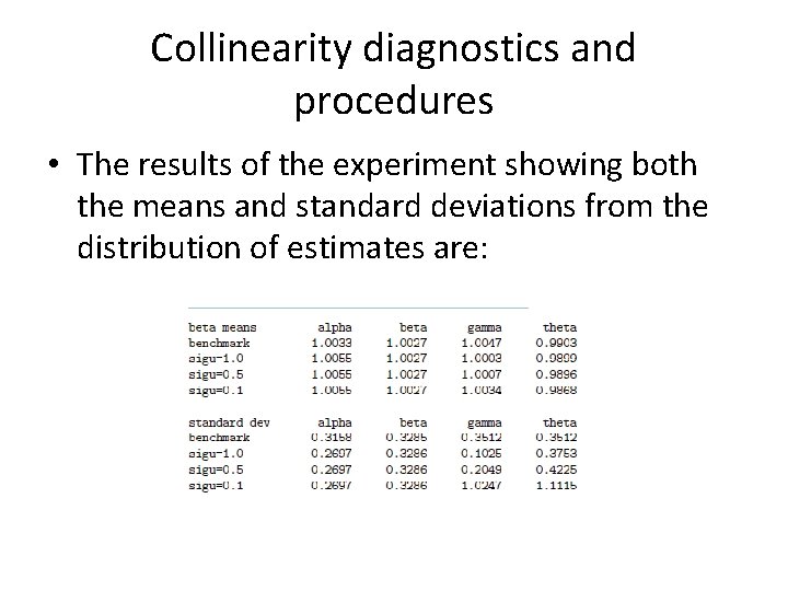 Collinearity diagnostics and procedures • The results of the experiment showing both the means