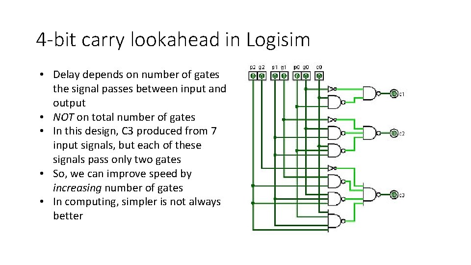 4 -bit carry lookahead in Logisim • Delay depends on number of gates the