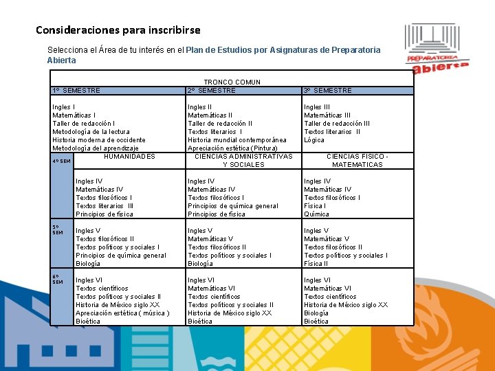 Consideraciones para inscribirse Selecciona el Área de tu interés en el Plan de Estudios