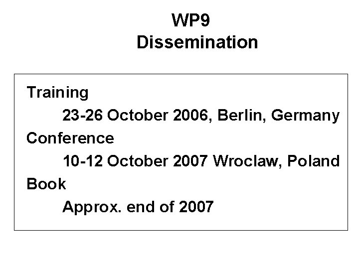 WP 9 Dissemination Training 23 -26 October 2006, Berlin, Germany Conference 10 -12 October