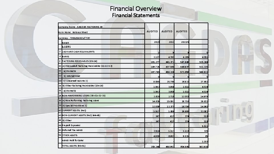 Financial Overview Financial Statements Company Name : CAGDAS FAKTORING AS Form Name : Balance