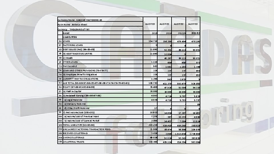 Company Name : CAGDAS FAKTORING AS Form Name : Balance Sheet Currency : THOUSAND