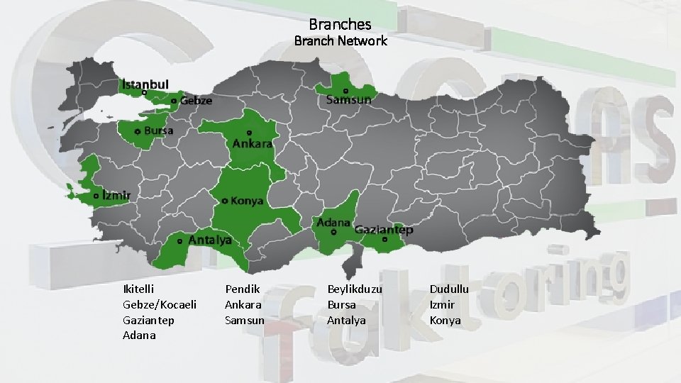 Branches Branch Network Ikitelli Gebze/Kocaeli Gaziantep Adana Pendik Ankara Samsun Beylikduzu Bursa Antalya Dudullu