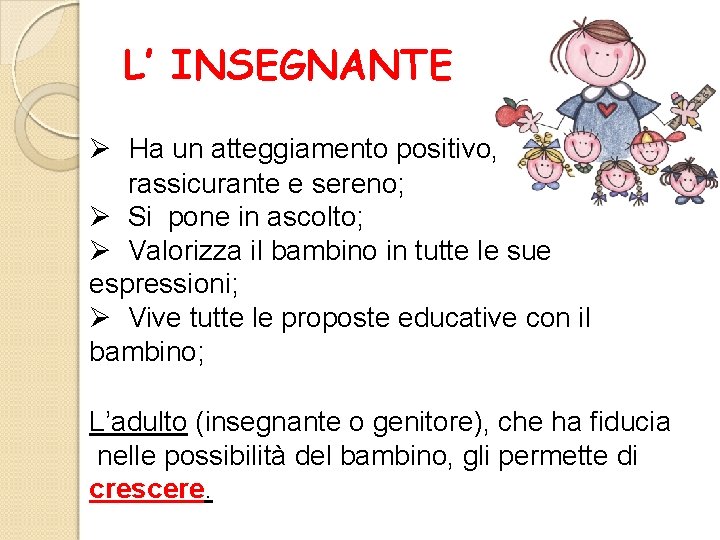 L’ INSEGNANTE Ø Ha un atteggiamento positivo, rassicurante e sereno; Ø Si pone in