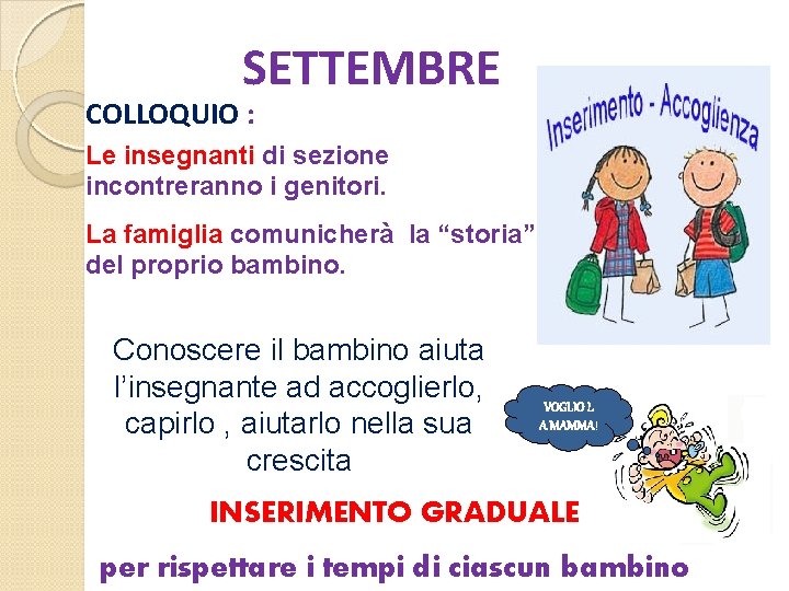 SETTEMBRE COLLOQUIO : Le insegnanti di sezione incontreranno i genitori. La famiglia comunicherà la