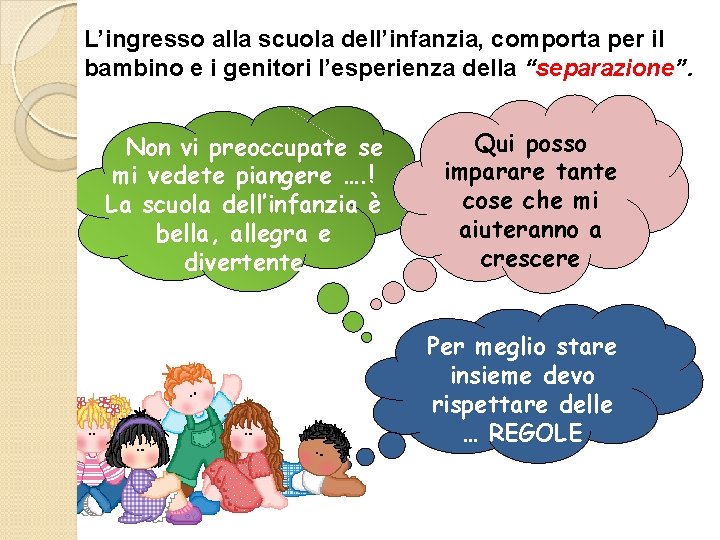 L’ingresso alla scuola dell’infanzia, comporta per il bambino e i genitori l’esperienza della “separazione”.