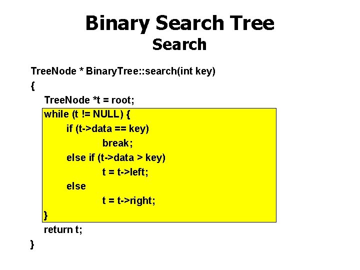 Binary Search Tree. Node * Binary. Tree: : search(int key) { Tree. Node *t