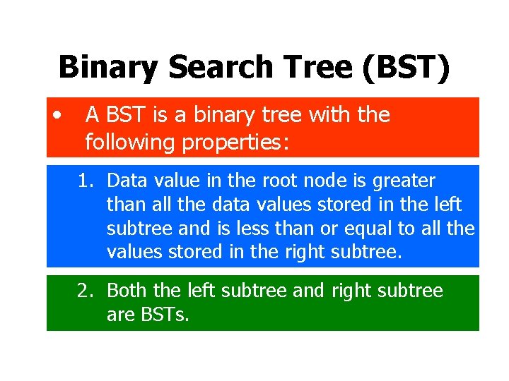 Binary Search Tree (BST) • A BST is a binary tree with the following