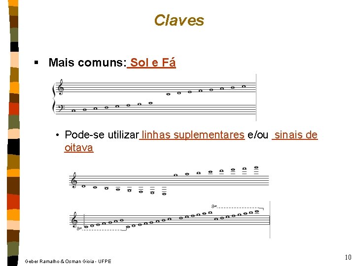 Claves § Mais comuns: Sol e Fá • Pode-se utilizar linhas suplementares e/ou sinais