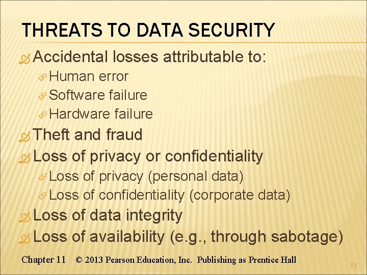 THREATS TO DATA SECURITY Accidental losses attributable to: Human error Software failure Hardware failure