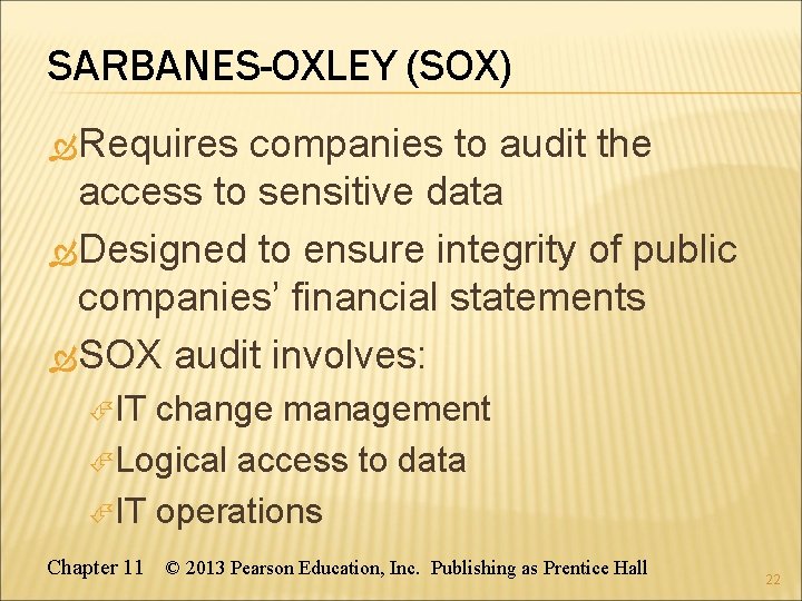 SARBANES-OXLEY (SOX) Requires companies to audit the access to sensitive data Designed to ensure