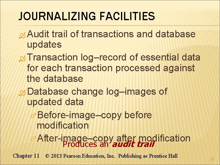 JOURNALIZING FACILITIES Audit trail of transactions and database updates Transaction log–record of essential data