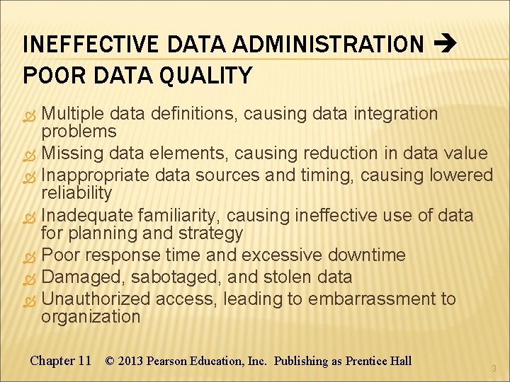 INEFFECTIVE DATA ADMINISTRATION POOR DATA QUALITY Multiple data definitions, causing data integration problems Missing