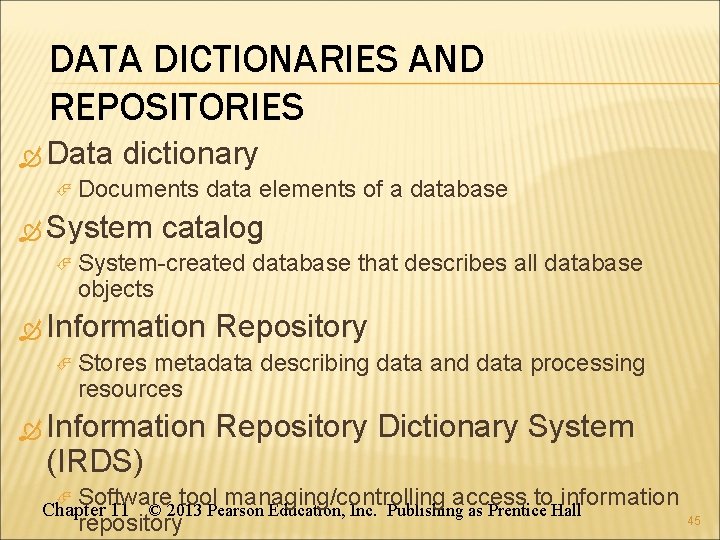 DATA DICTIONARIES AND REPOSITORIES Data dictionary Documents data elements of a database System catalog