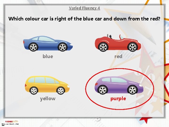Varied Fluency 4 Which colour car is right of the blue car and down
