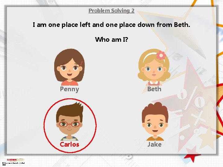 Problem Solving 2 I am one place left and one place down from Beth.