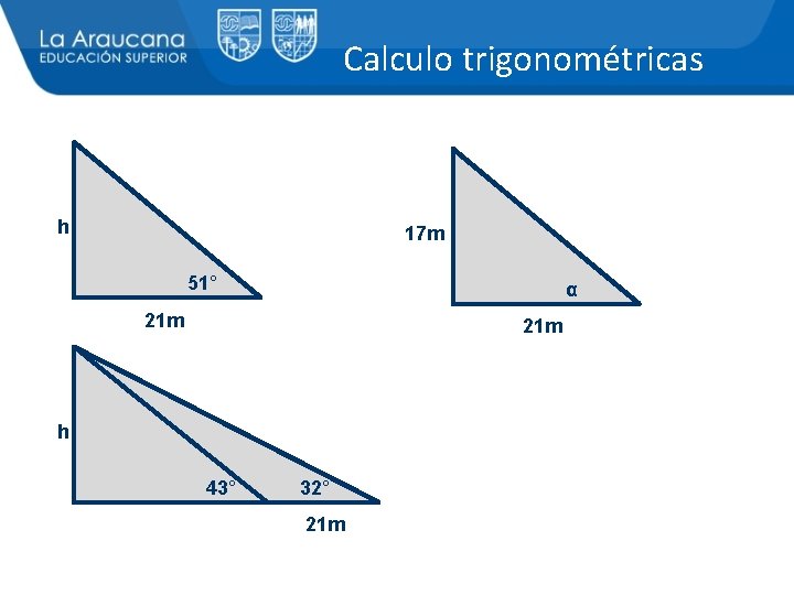 Calculo trigonométricas h 17 m 51° α 21 m h 43° 32° 21 m