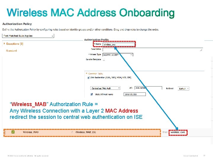 “Wireless_MAB” Authorization Rule = Any Wireless Connection with a Layer 2 MAC Address redirect