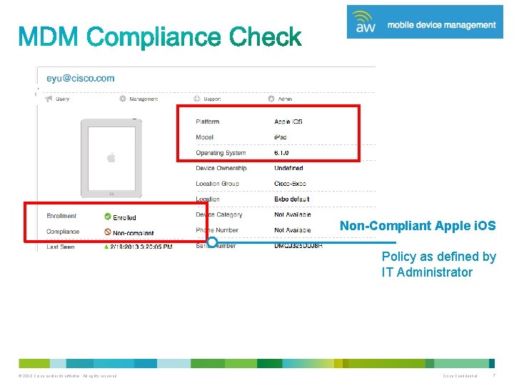 Non-Compliant Apple i. OS Policy as defined by IT Administrator © 2012 Cisco and/or