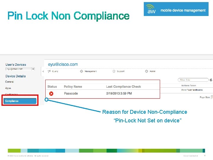 Reason for Device Non-Compliance “Pin-Lock Not Set on device” © 2012 Cisco and/or its