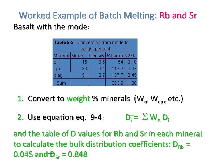 Worked Example of Batch Melting: Rb and Sr Basalt with the mode: Table 9