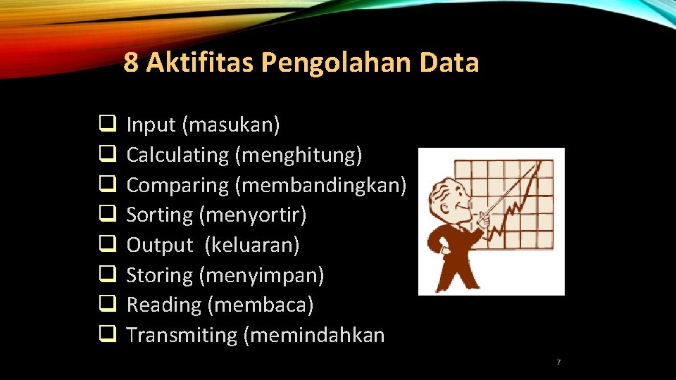 8 Aktifitas Pengolahan Data q q q q Input (masukan) Calculating (menghitung) Comparing (membandingkan)