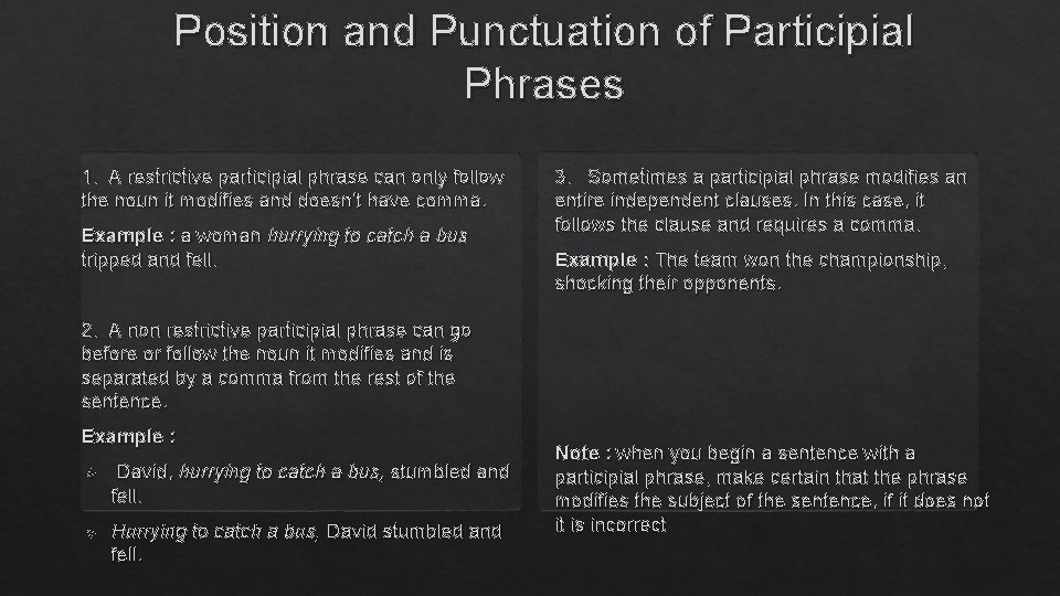 Position and Punctuation of Participial Phrases 1. A restrictive participial phrase can only follow