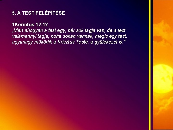 5. A TEST FELÉPÍTÉSE 1 Korintus 12: 12 „Mert ahogyan a test egy, bár