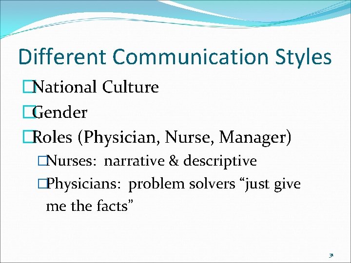 Different Communication Styles �National Culture �Gender �Roles (Physician, Nurse, Manager) �Nurses: narrative & descriptive