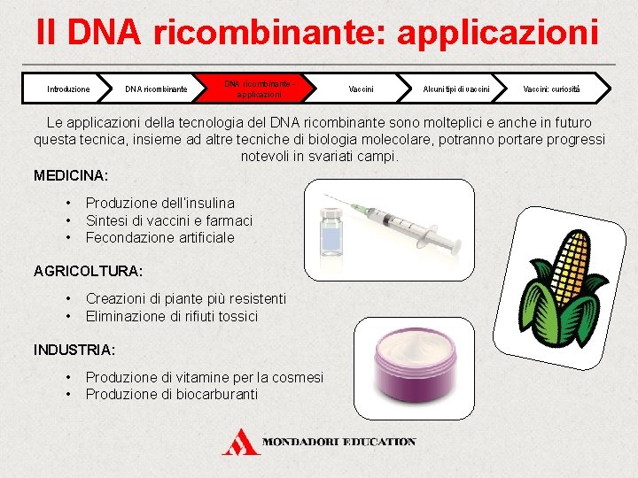 Il DNA ricombinante: applicazioni Introduzione DNA ricombinante applicazioni Vaccini Alcuni tipi di vaccini Vaccini: