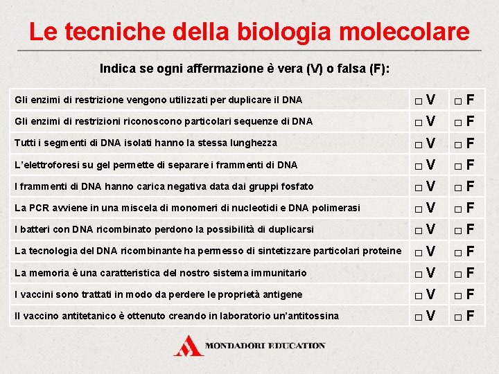 Le tecniche della biologia molecolare Indica se ogni affermazione è vera (V) o falsa